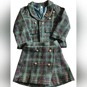 Girls Green Plaid Tweed Skort Suit with Gold Buttons